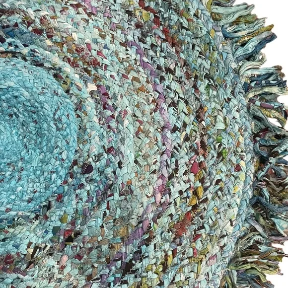 NWOT Handmade Braided Multi Color Block Rag Rug With Fringe Round Rug, - Picture 5 of 8